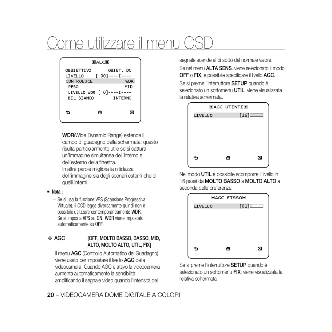 Samsung SCC-B5369P manual Come utilizzare il menu OSD, Videocamera Dome Digitale A Colori, Alto, Molto Alto, Util, Fix 