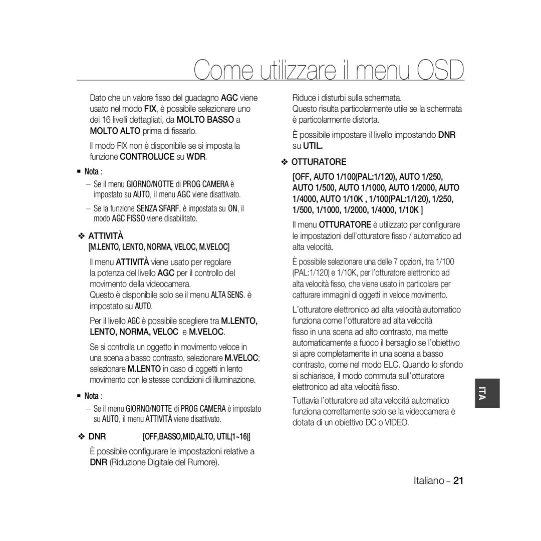 Samsung SCC-B5367P, SCC-B5369P manual Come utilizzare il menu OSD, OFF,BASSO,MID,ALTO, UTIL1~16 