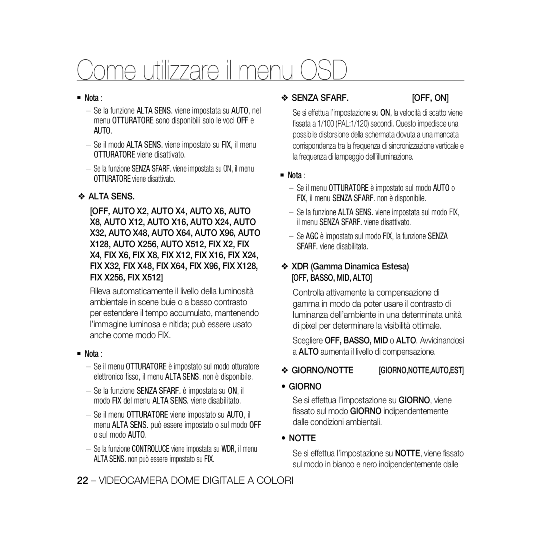Samsung SCC-B5369P, SCC-B5367P manual Come utilizzare il menu OSD, Videocamera Dome Digitale A Colori, Giorno,Notte,Auto,Est 
