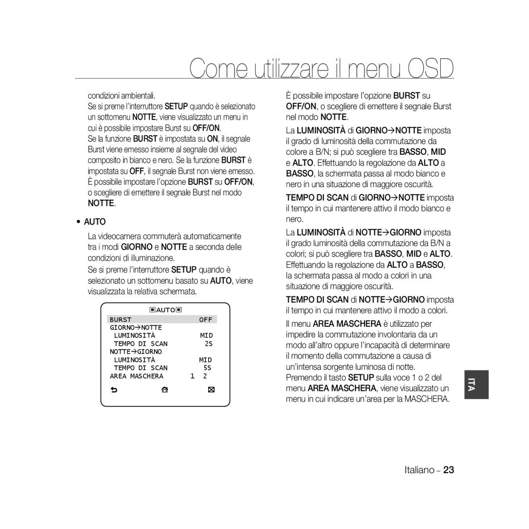 Samsung SCC-B5367P, SCC-B5369P manual Come utilizzare il menu OSD, condizioni ambientali 
