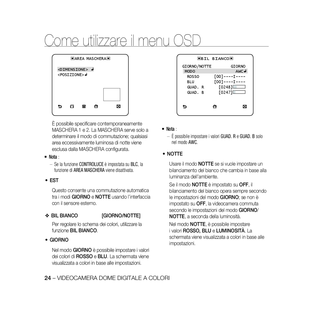 Samsung SCC-B5369P, SCC-B5367P manual Come utilizzare il menu OSD, Videocamera Dome Digitale A Colori 