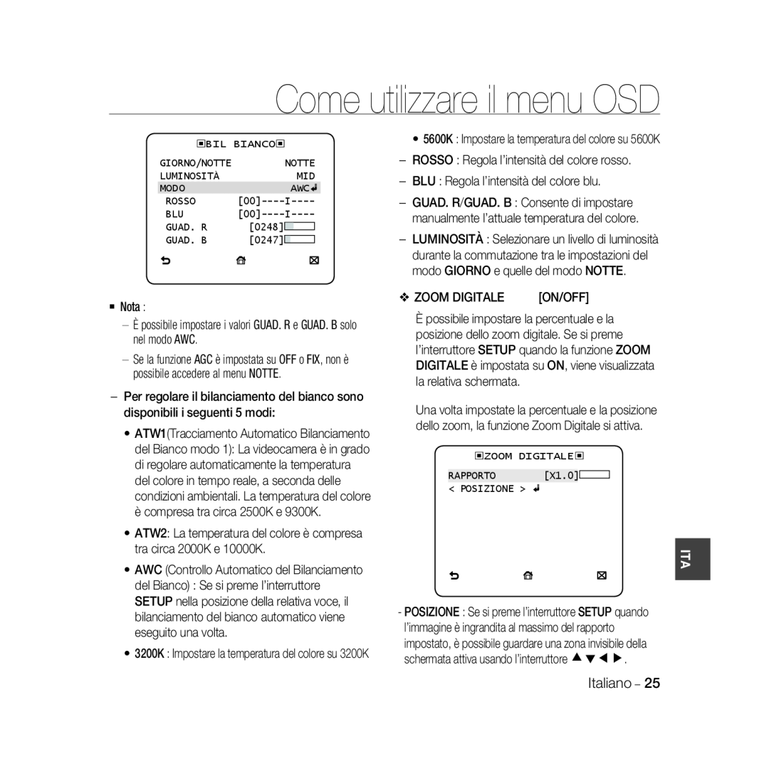 Samsung SCC-B5367P, SCC-B5369P manual Come utilizzare il menu OSD, 3200K Impostare la temperatura del colore su 3200K 
