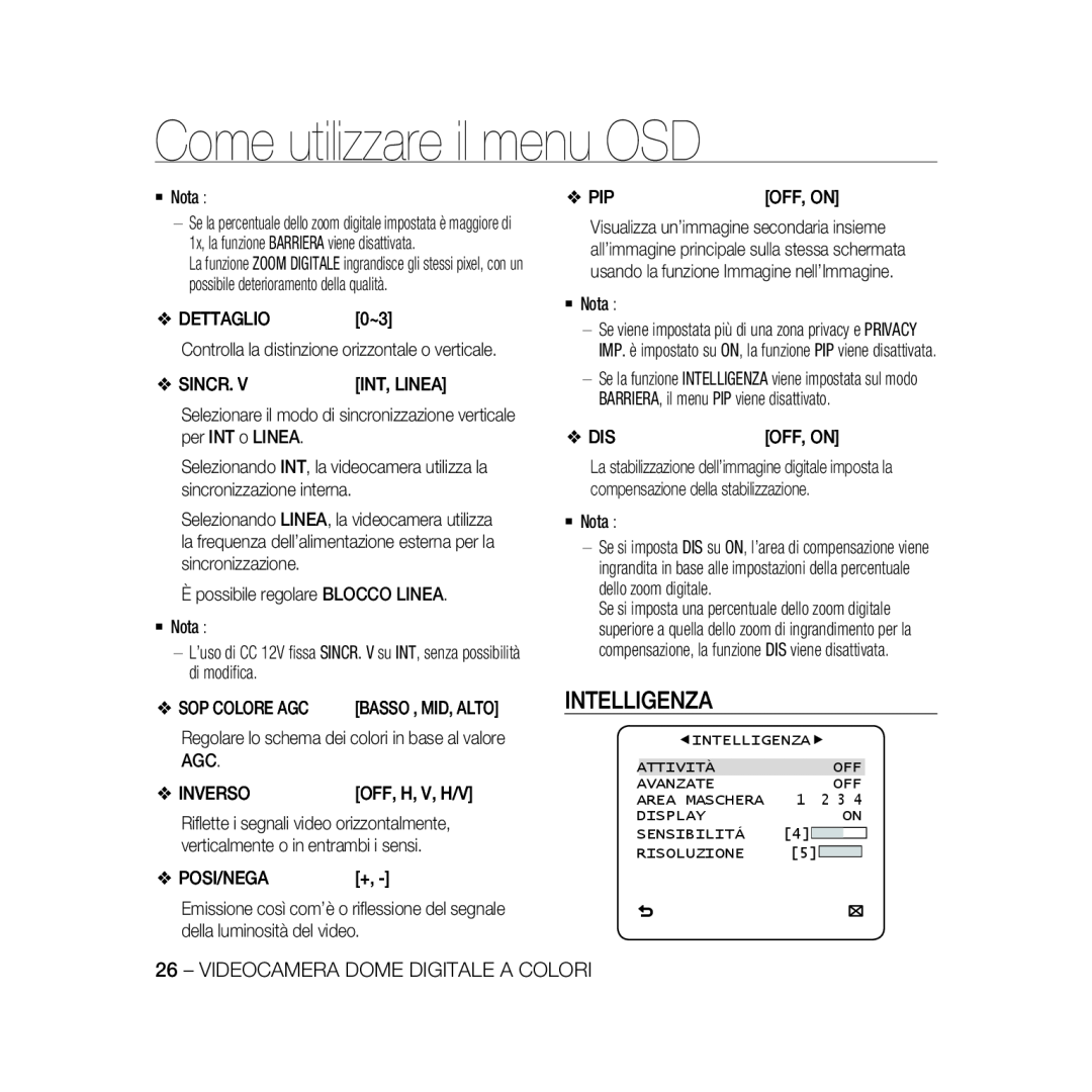 Samsung SCC-B5369P, SCC-B5367P manual Intelligenza, Come utilizzare il menu OSD, Videocamera Dome Digitale A Colori 