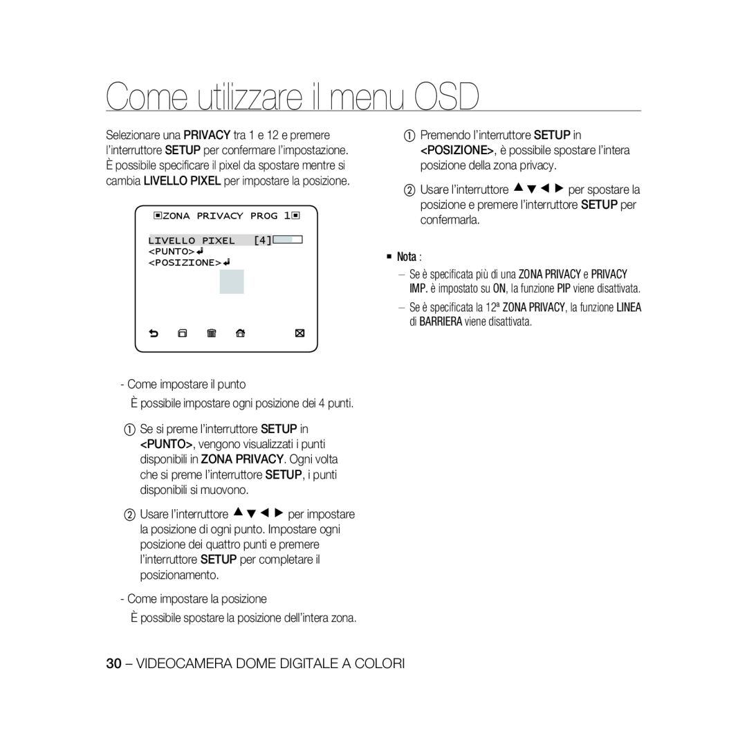 Samsung SCC-B5369P, SCC-B5367P manual Come utilizzare il menu OSD, Videocamera Dome Digitale A Colori 
