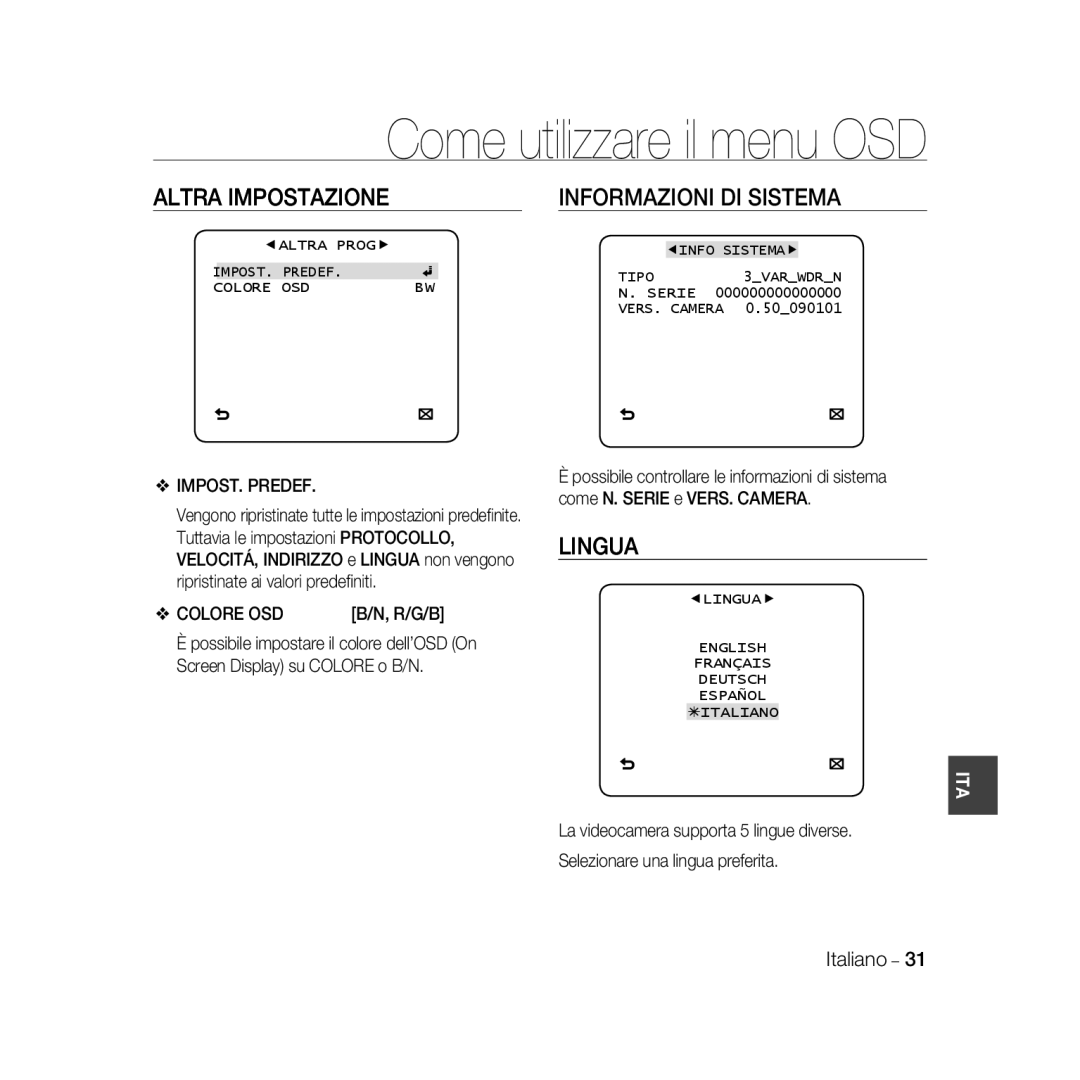 Samsung SCC-B5367P, SCC-B5369P manual Altra Impostazione, Informazioni Di Sistema, Lingua, Come utilizzare il menu OSD 