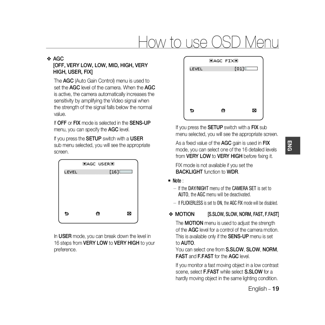 Samsung SCC-B5367P, SCC-B5369P manual How to use OSD Menu, ‹AGC FIX‹ LEVEL01, ‹AGC USER‹ LEVEL16 