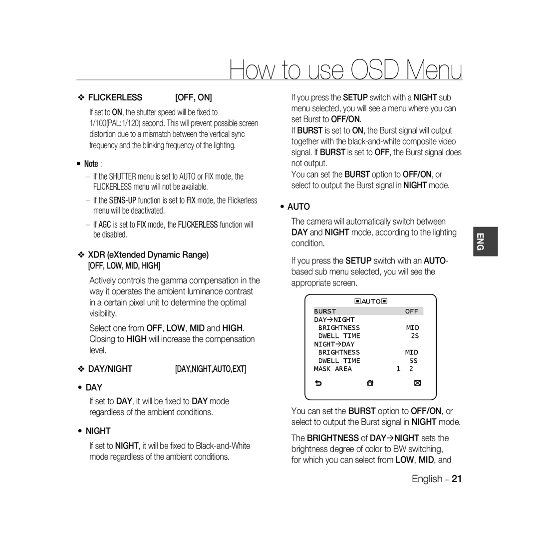 Samsung SCC-B5367P, SCC-B5369P manual How to use OSD Menu, Day,Night,Auto,Ext 