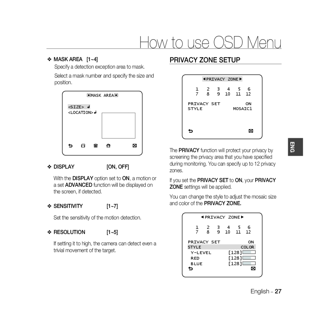Samsung SCC-B5367P, SCC-B5369P manual How to use OSD Menu, MASK AREA 1~4 