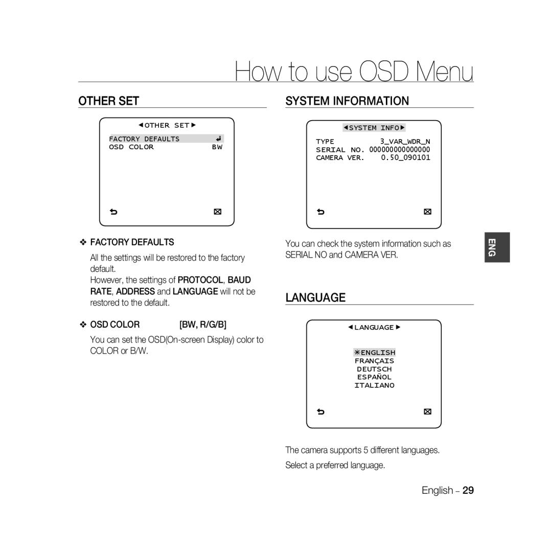 Samsung SCC-B5367P, SCC-B5369P manual Other Set, System Information, Language, How to use OSD Menu 
