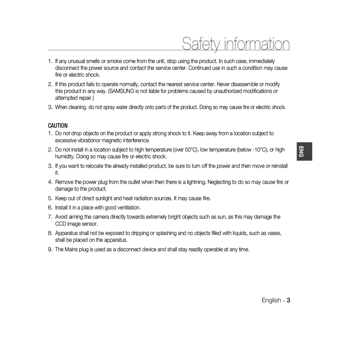 Samsung SCC-B5367P, SCC-B5369P manual Safety information, English 