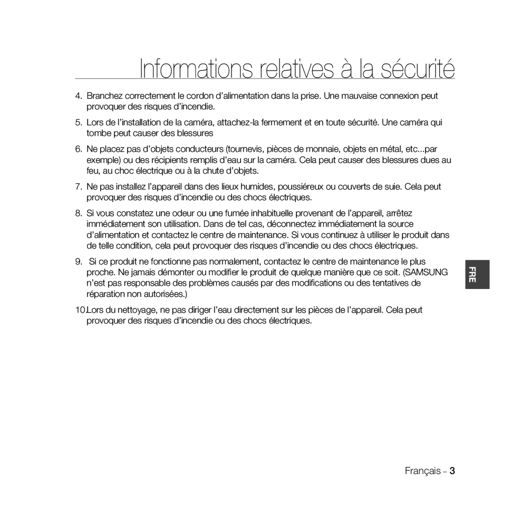 Samsung SCC-B5369P, SCC-B5367P manual Informations relatives à la sécurité, Français 