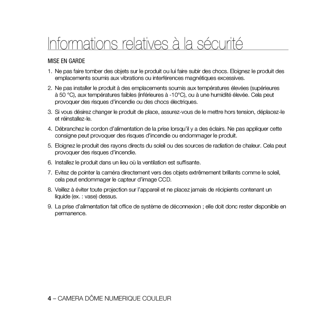 Samsung SCC-B5367P, SCC-B5369P manual Informations relatives à la sécurité, Mise En Garde, Camera Dôme Numerique Couleur 