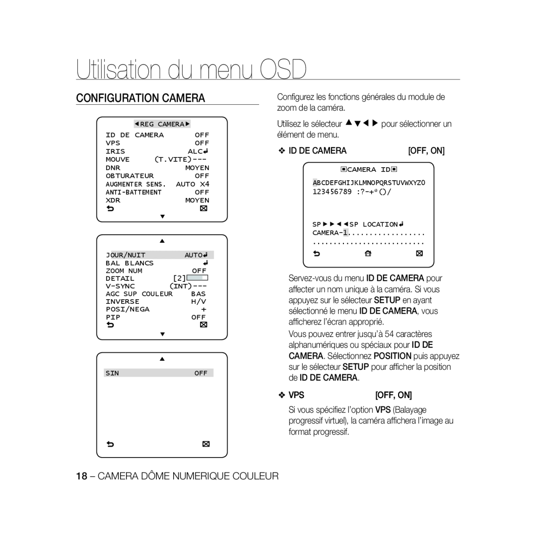 Samsung SCC-B5367P, SCC-B5369P manual Configuration Camera, Utilisation du menu OSD, Camera Dôme Numerique Couleur 