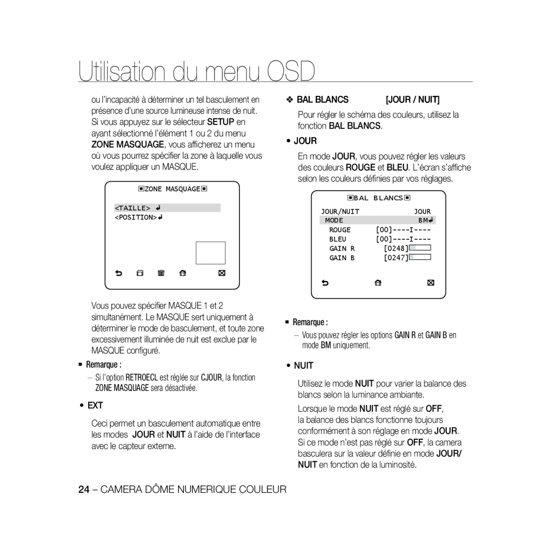 Samsung SCC-B5367P, SCC-B5369P manual Utilisation du menu OSD, Camera Dôme Numerique Couleur 