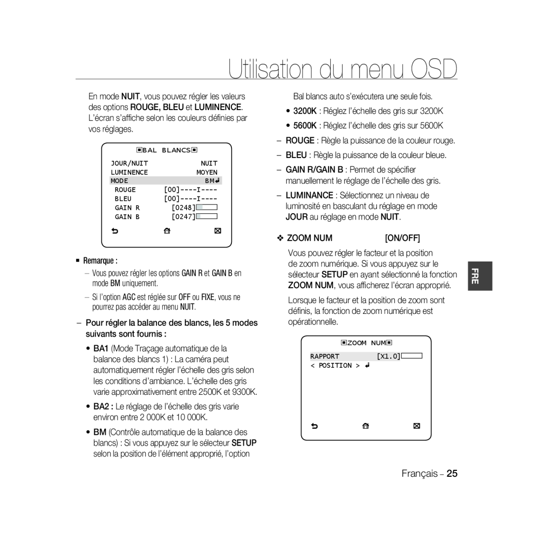 Samsung SCC-B5369P, SCC-B5367P manual Utilisation du menu OSD 