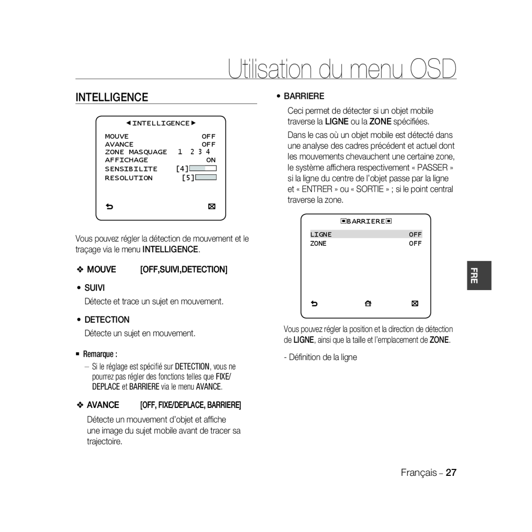 Samsung SCC-B5369P, SCC-B5367P manual Utilisation du menu OSD, Intelligence, Off,Suivi,Detection 