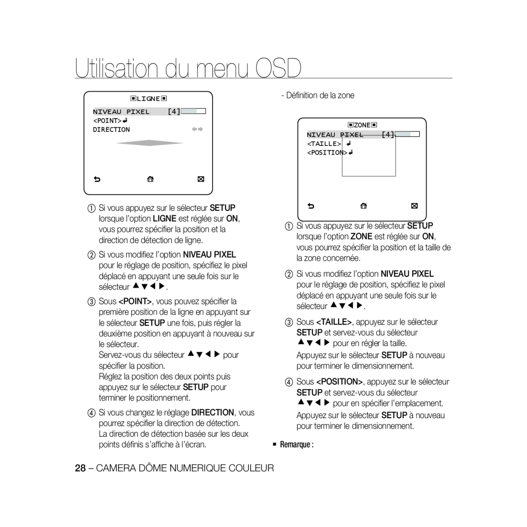 Samsung SCC-B5367P, SCC-B5369P manual Utilisation du menu OSD, Camera Dôme Numerique Couleur 