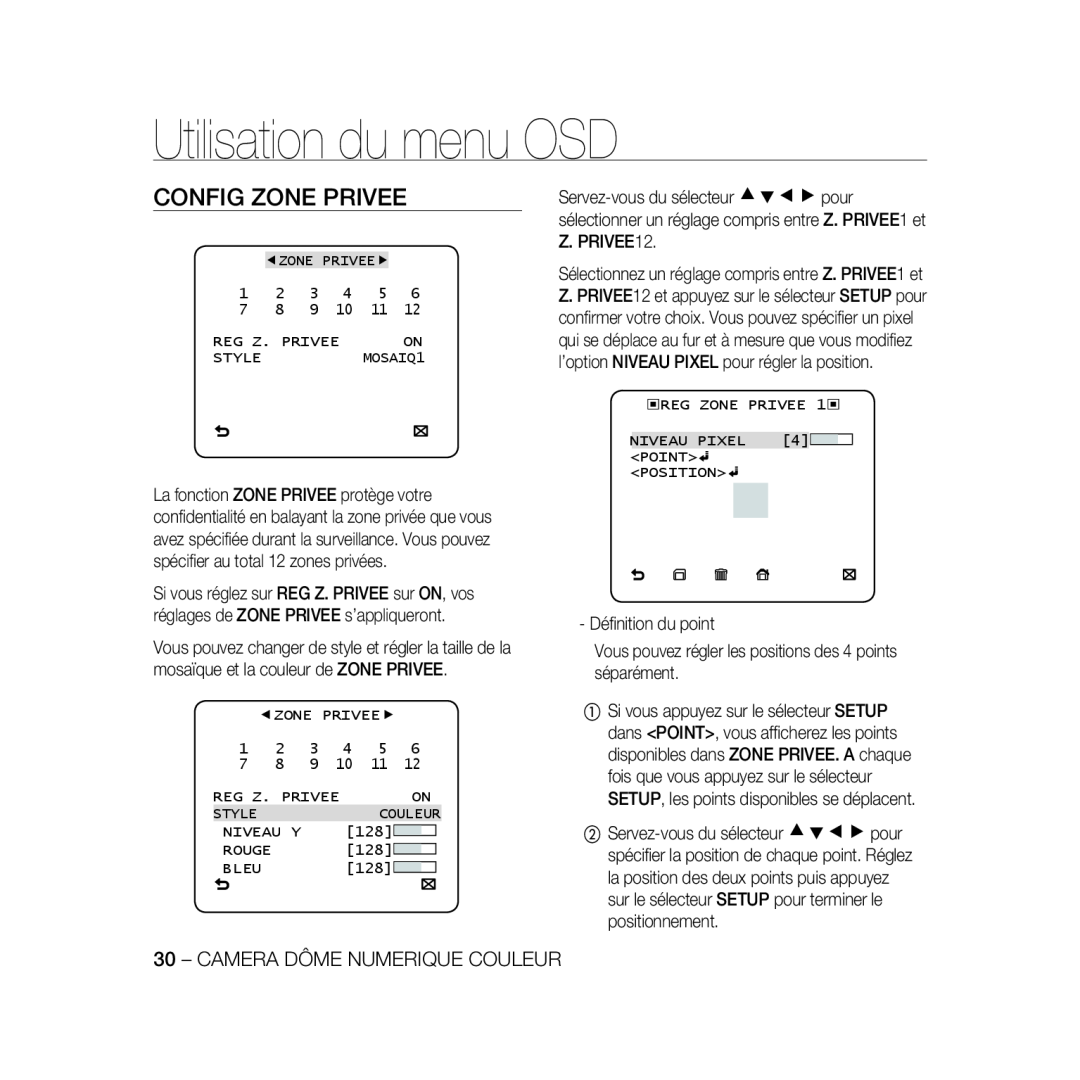Samsung SCC-B5367P, SCC-B5369P manual Config Zone Privee, Utilisation du menu OSD, Camera Dôme Numerique Couleur 