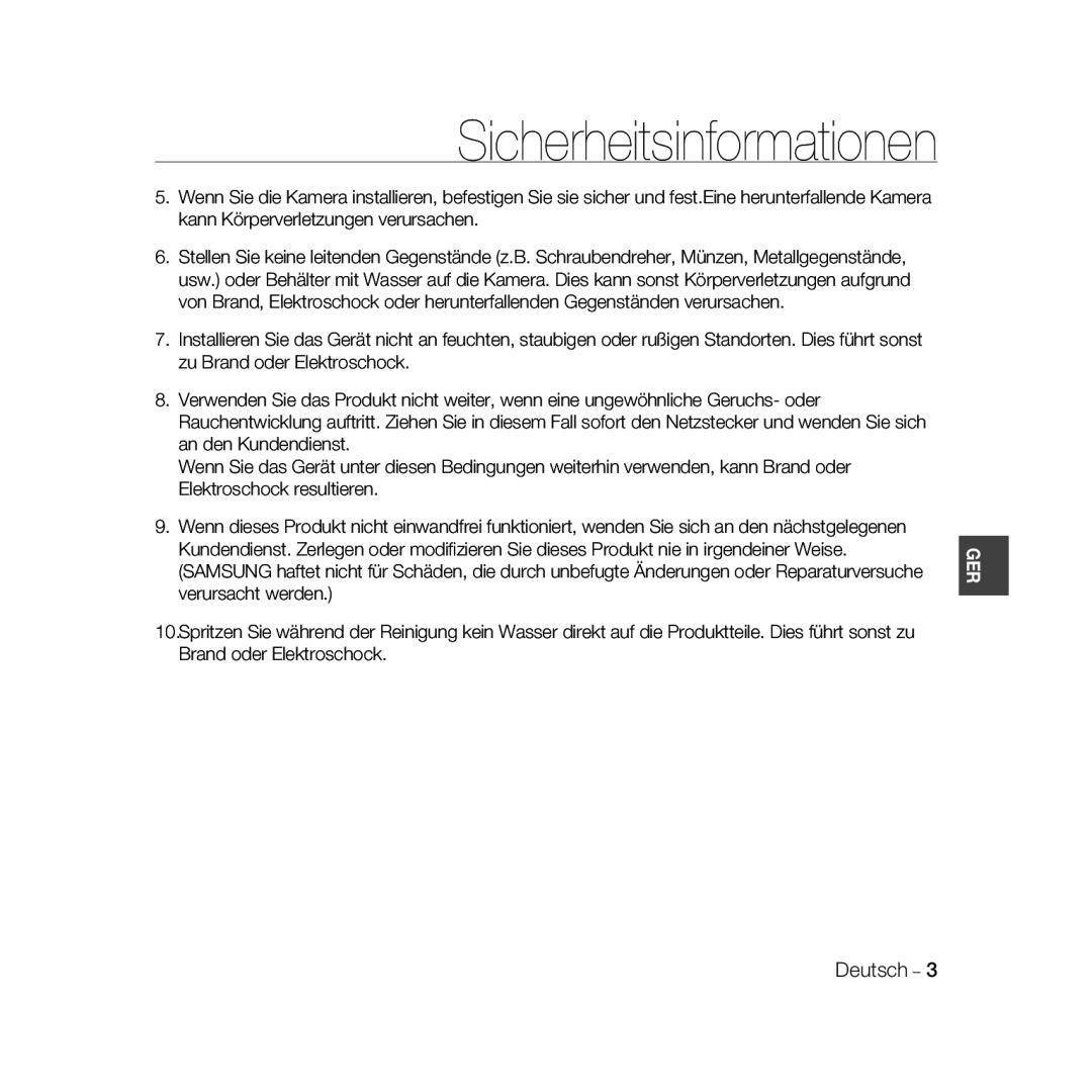 Samsung SCC-B5367P, SCC-B5369P manual Sicherheitsinformationen, Deutsch 