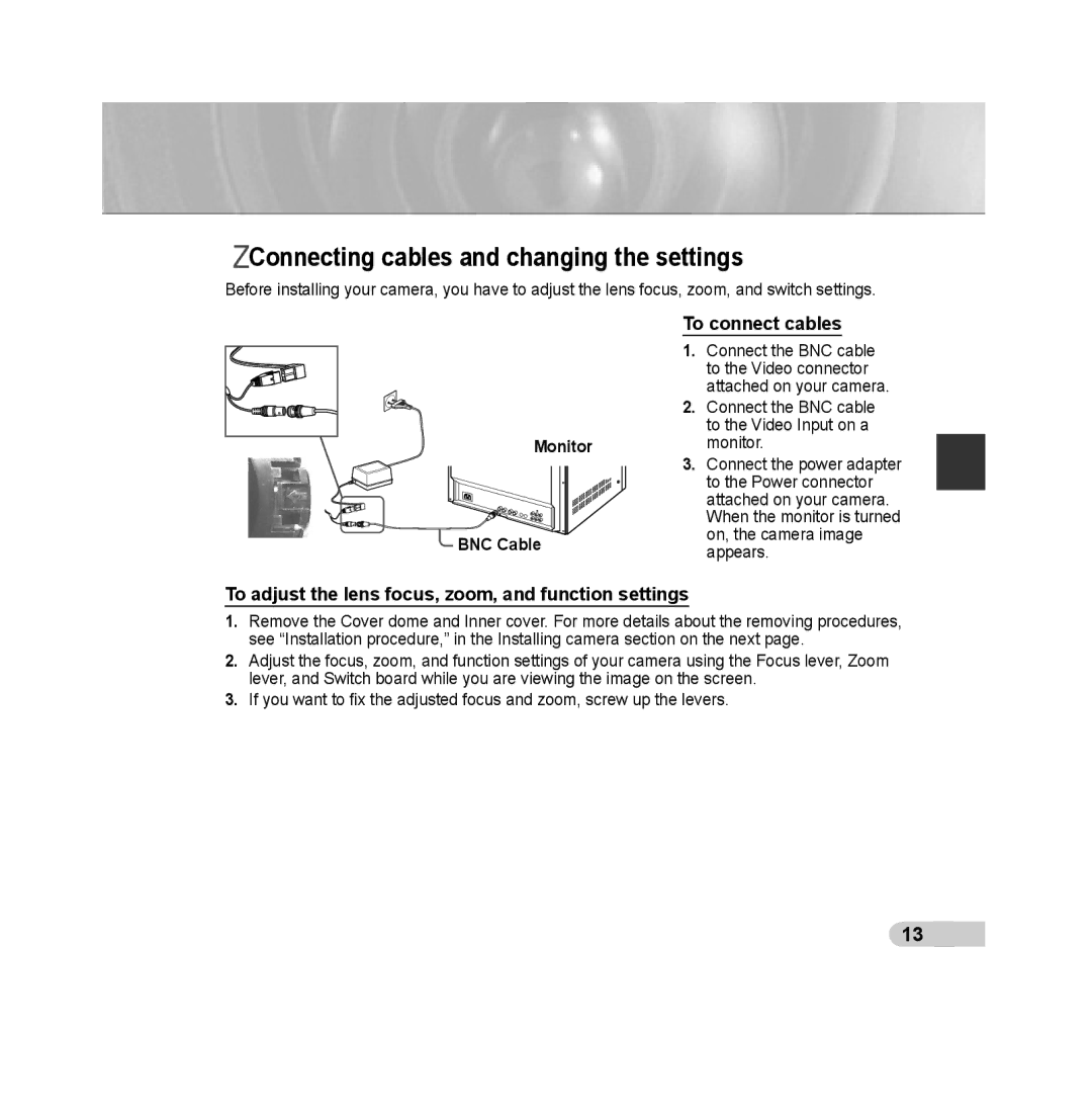 Samsung SCC-B5392P, SCC-B5393P manual Connecting cables and changing the settings, Monitor BNC Cable 