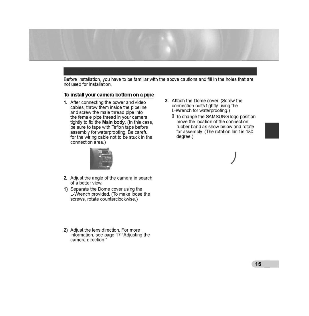 Samsung SCC-B5392P, SCC-B5393P manual Installing on a pipe, To install your camera bottom on a pipe 