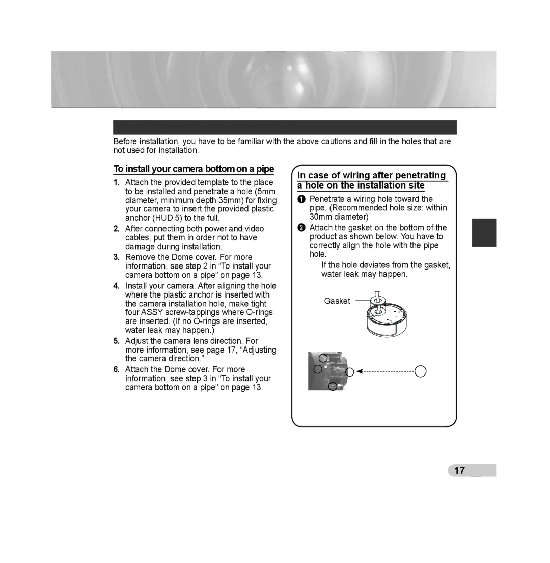 Samsung SCC-B5392P, SCC-B5393P manual Installing the camera on the ceiling 