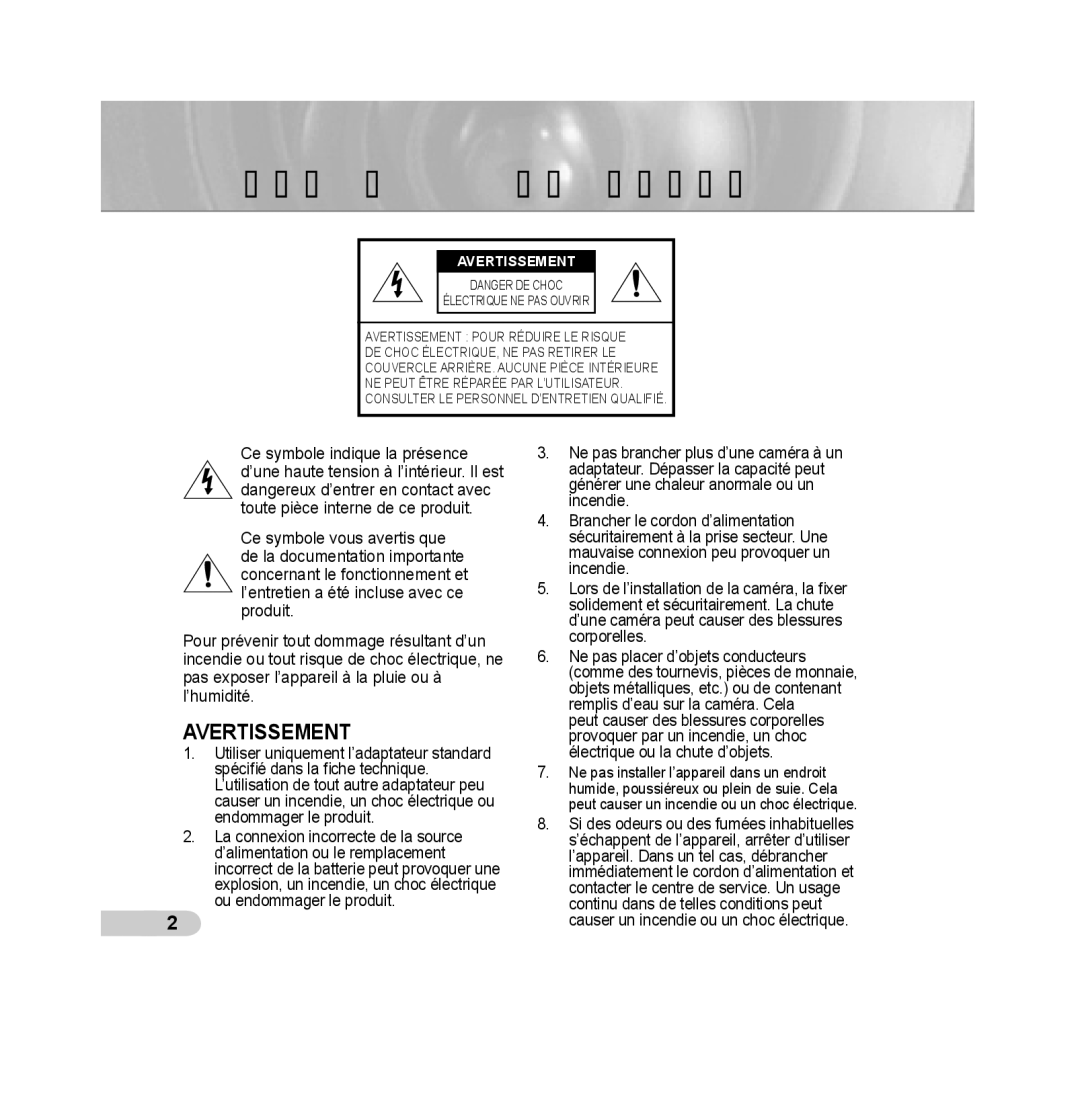 Samsung SCC-B5393P, SCC-B5392P manual Mesures de sécurité, Avertissement 