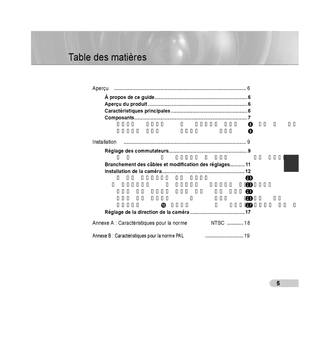 Samsung SCC-B5392P, SCC-B5393P manual Table des matières, Aperçu du produit Caractéristiques principales Composants 