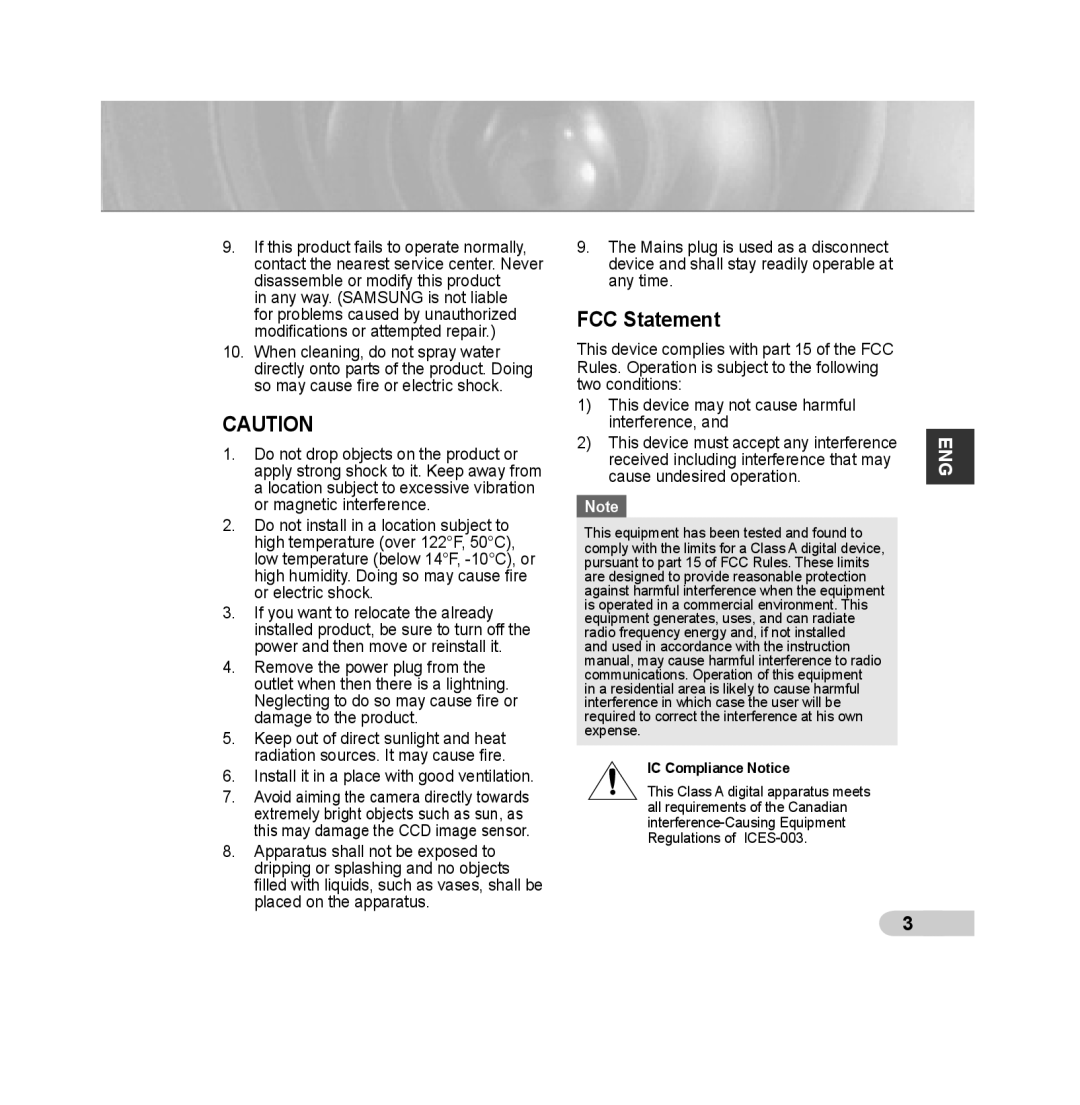 Samsung SCC-B5392P, SCC-B5393P manual FCC Statement, IC Compliance Notice 