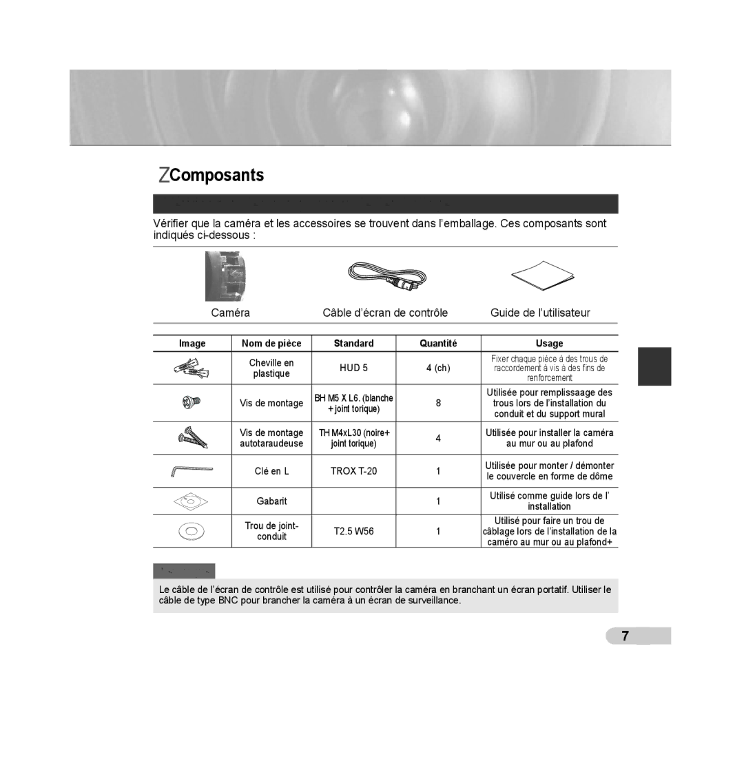 Samsung SCC-B5392P, SCC-B5393P manual Composants, Vériﬁcation des composants de l’emballage 