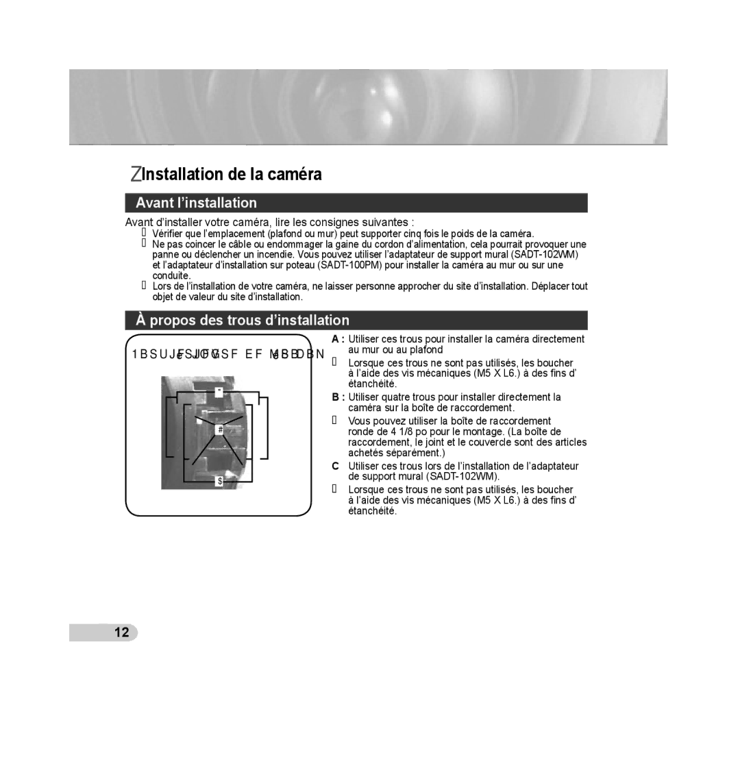 Samsung SCC-B5393P, SCC-B5392P manual Installation de la caméra, Avant l’installation, Propos des trous d’installation 