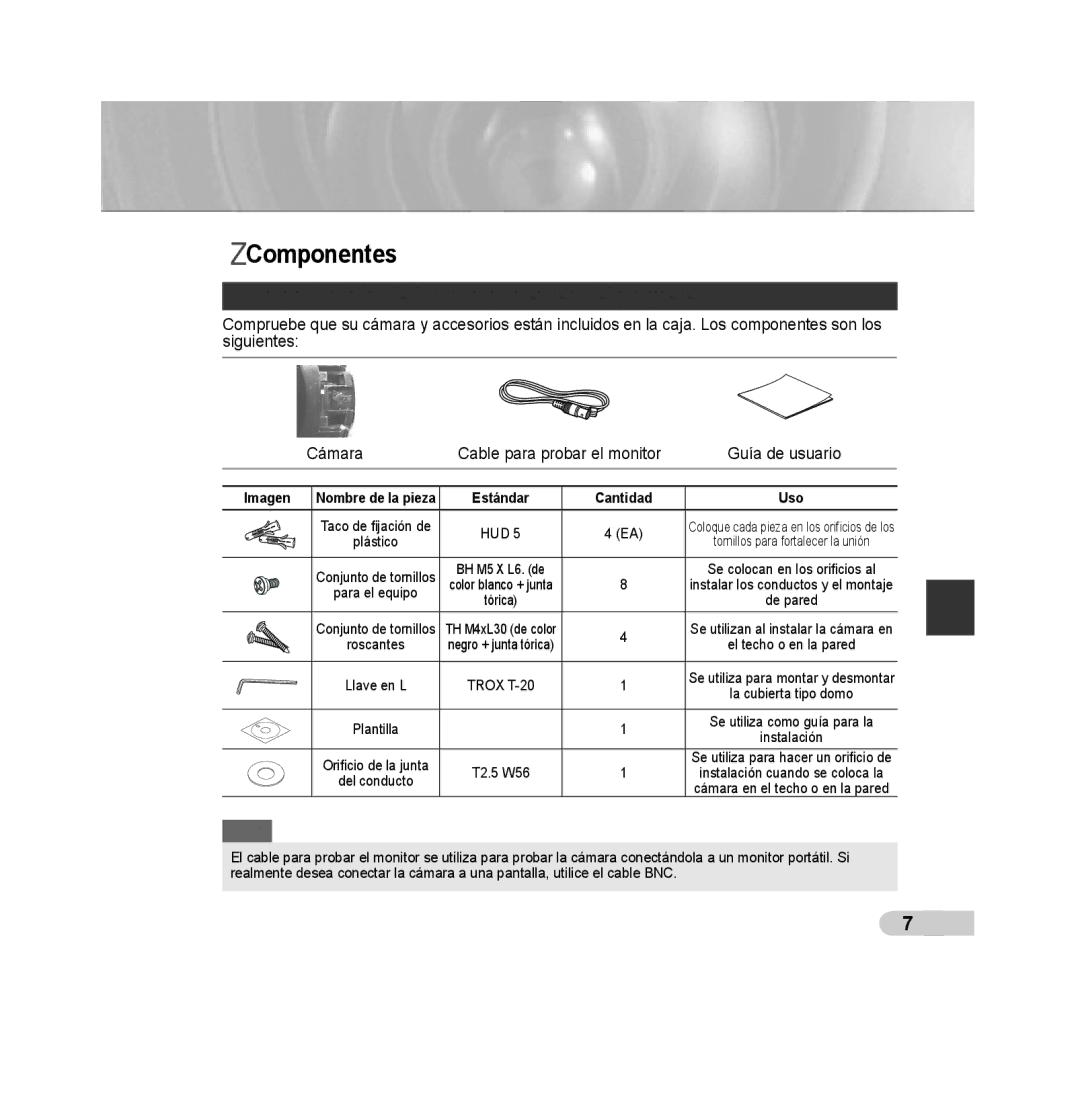 Samsung SCC-B5392P, SCC-B5393P manual Componentes, Comprobación de los componentes del paquete, Imagen 