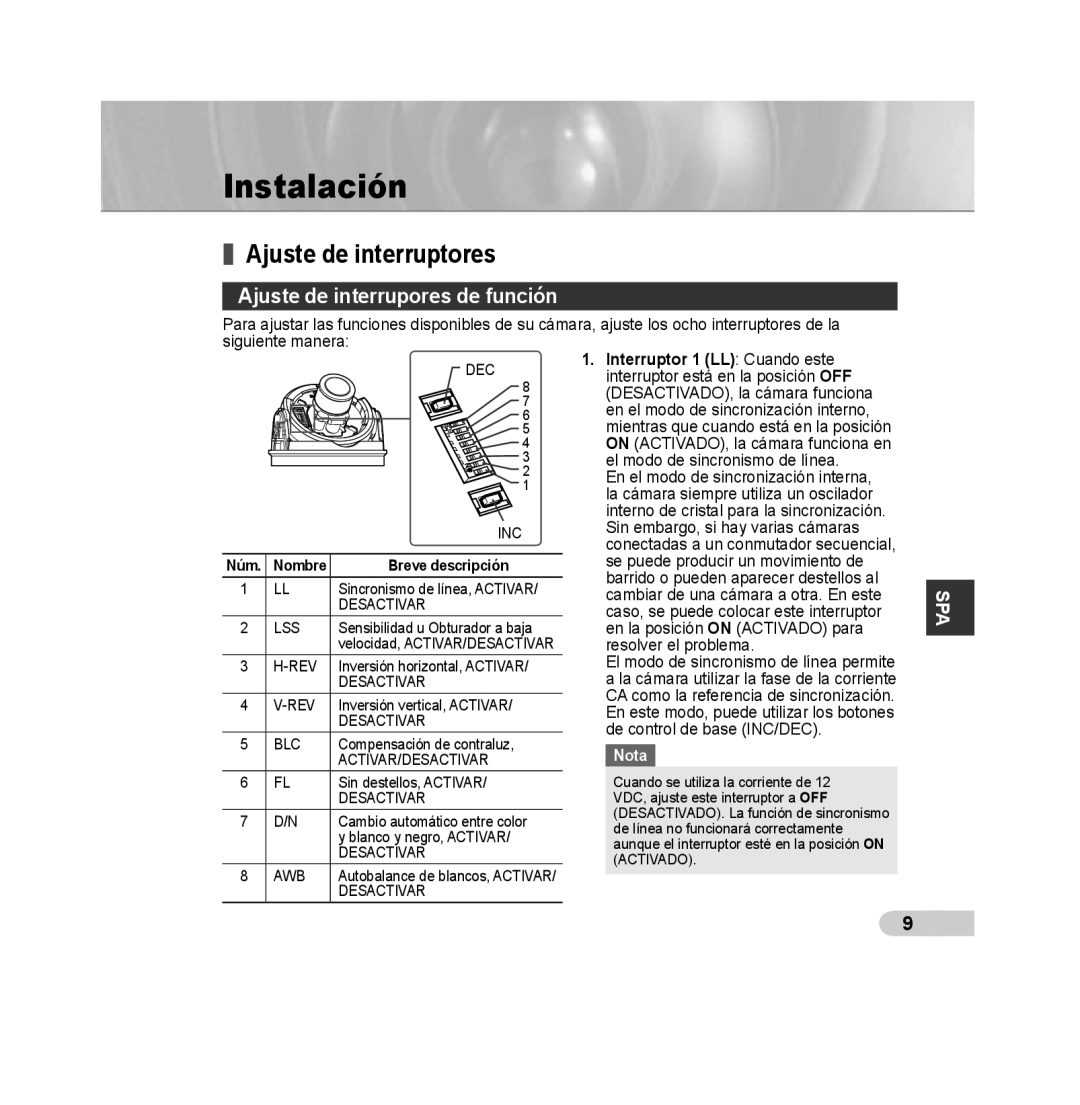 Samsung SCC-B5392P manual Instalación, Ajuste de interruptores, Ajuste de interrupores de función, Nombre Breve descripción 