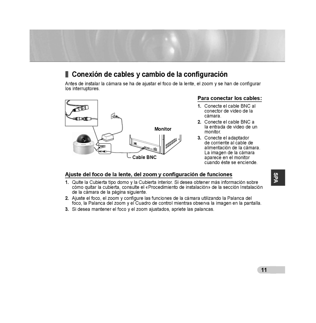 Samsung SCC-B5392P, SCC-B5393P manual Conexión de cables y cambio de la conﬁguración, Monitor Cable BNC 