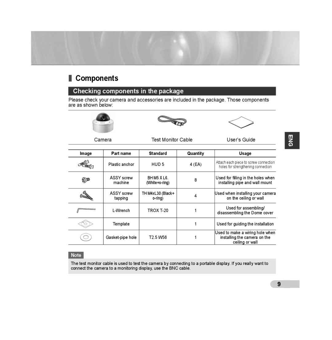 Samsung SCC-B5392P, SCC-B5393P manual Components, Checking components in the package, Image, Quantity 