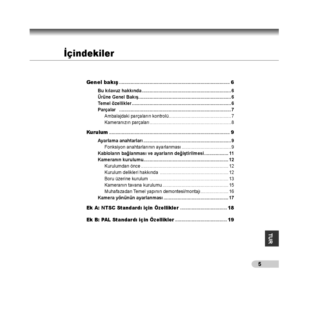 Samsung SCC-B5392P, SCC-B5393P manual İçindekiler, Fonksiyon anahtarlarının ayarlanması, Ek a Ntsc Standardı için Özellikler 