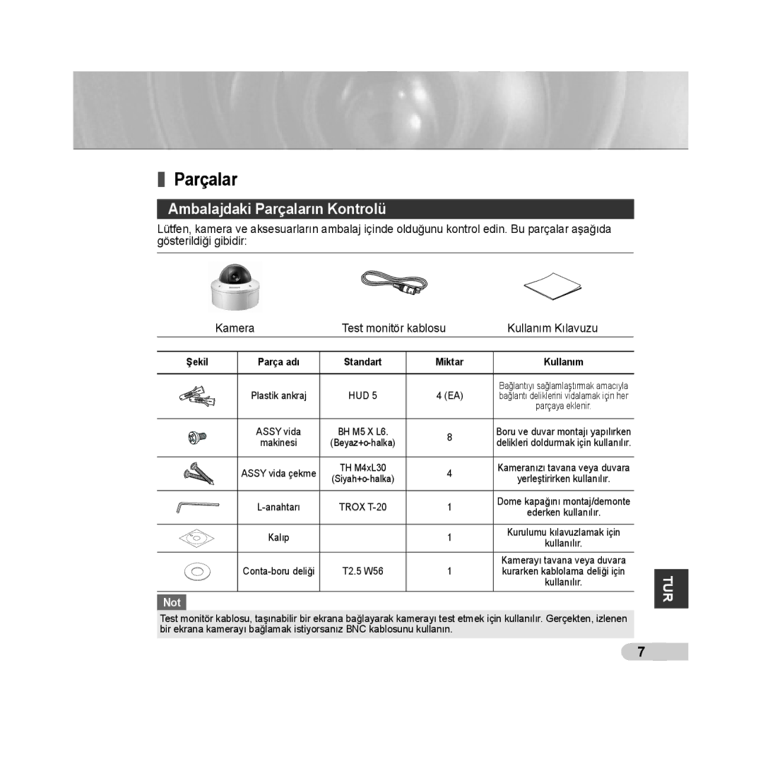 Samsung SCC-B5392P, SCC-B5393P manual Ambalajdaki Parçaların Kontrolü, Şekil 