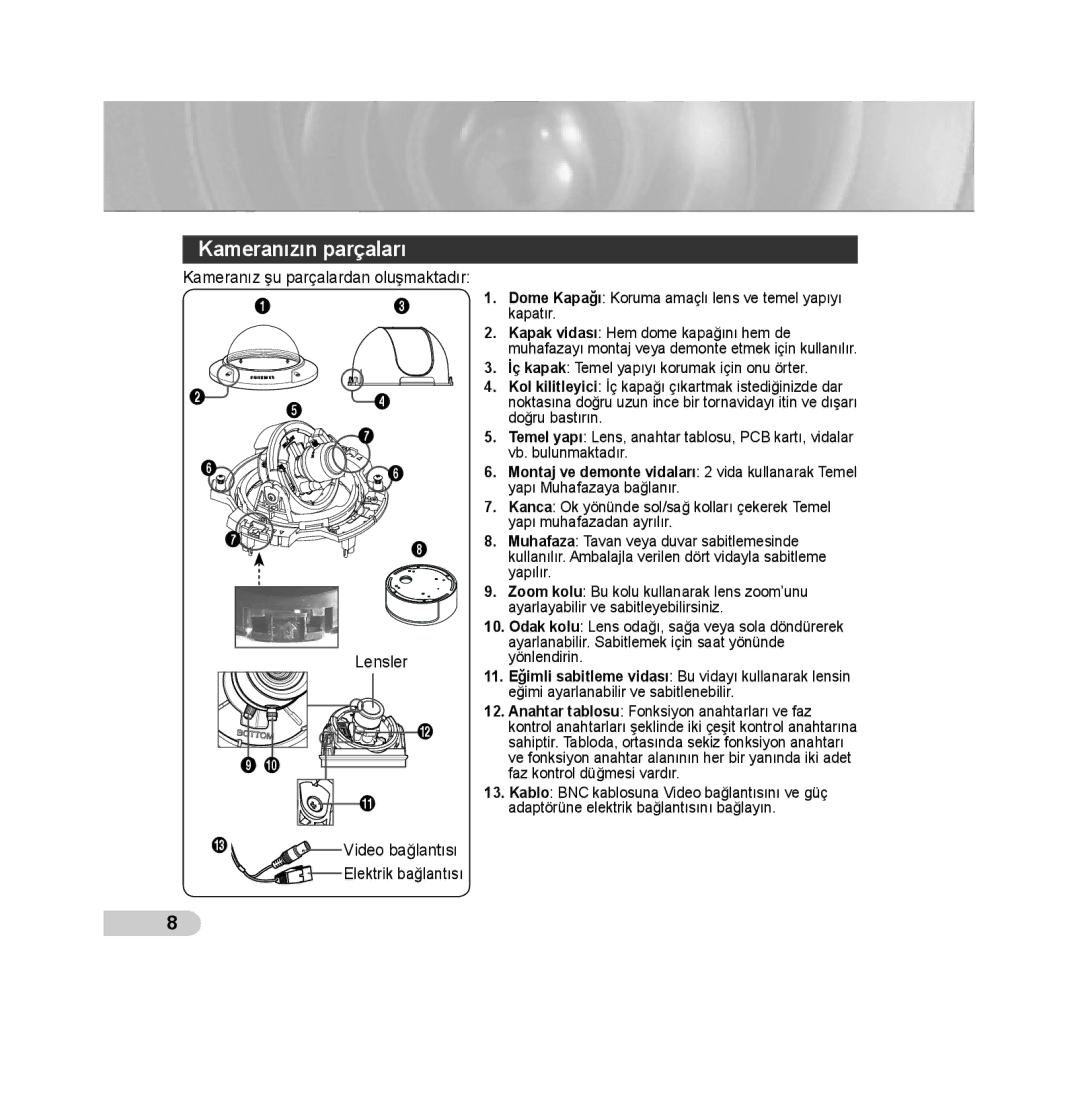 Samsung SCC-B5393P, SCC-B5392P manual Kameranızın parçaları, # Video bağlantısı Elektrik bağlantısı 