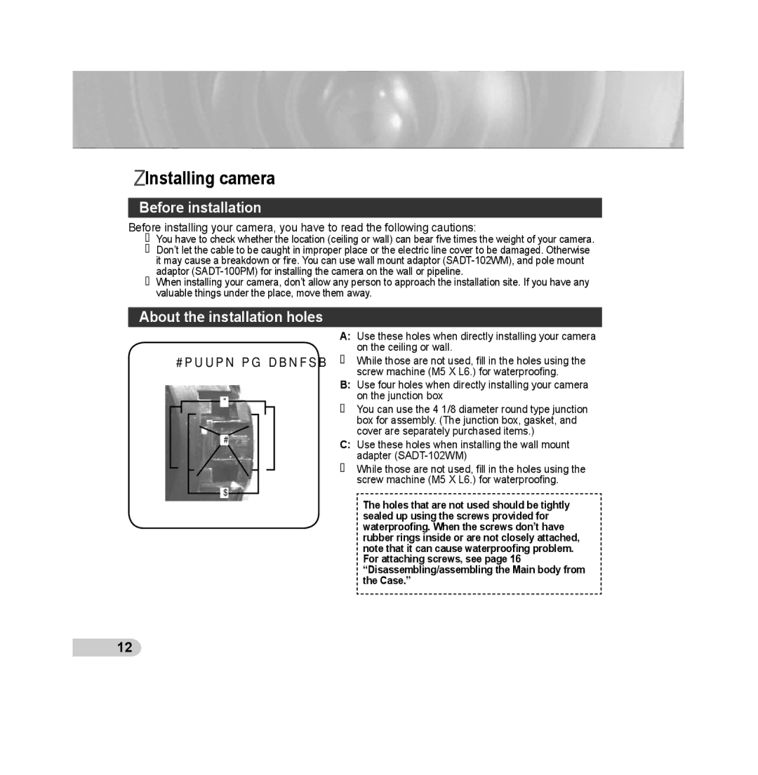 Samsung SCC-B5393P, SCC-B5392P manual Installing camera, Before installation, About the installation holes 