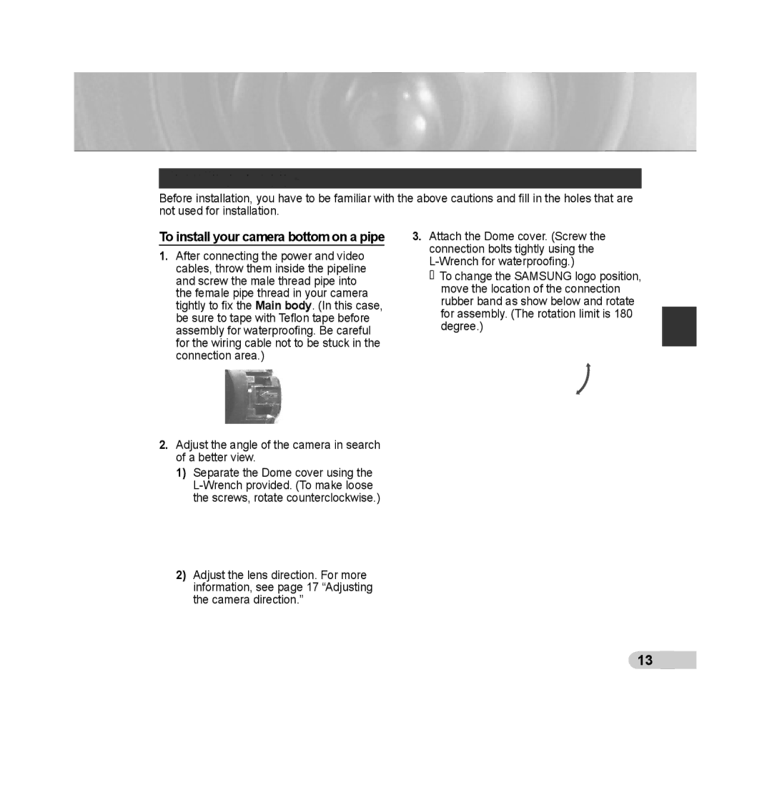 Samsung SCC-B5392P, SCC-B5393P manual Installing on a pipe, To install your camera bottom on a pipe 