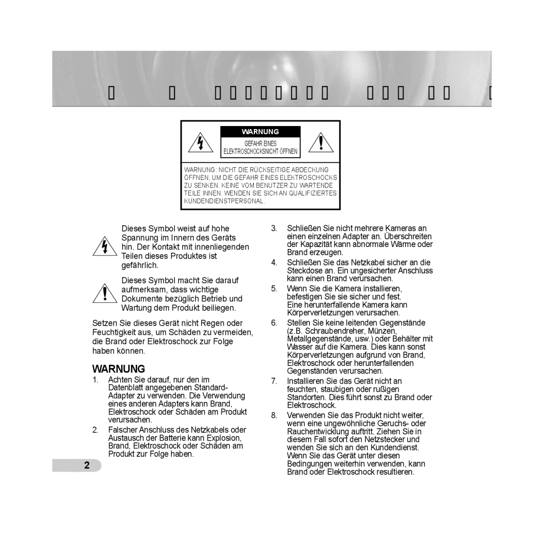 Samsung SCC-B5393P, SCC-B5392P manual Sicherheitsvorsichtsmaßnahmen, Warnung 