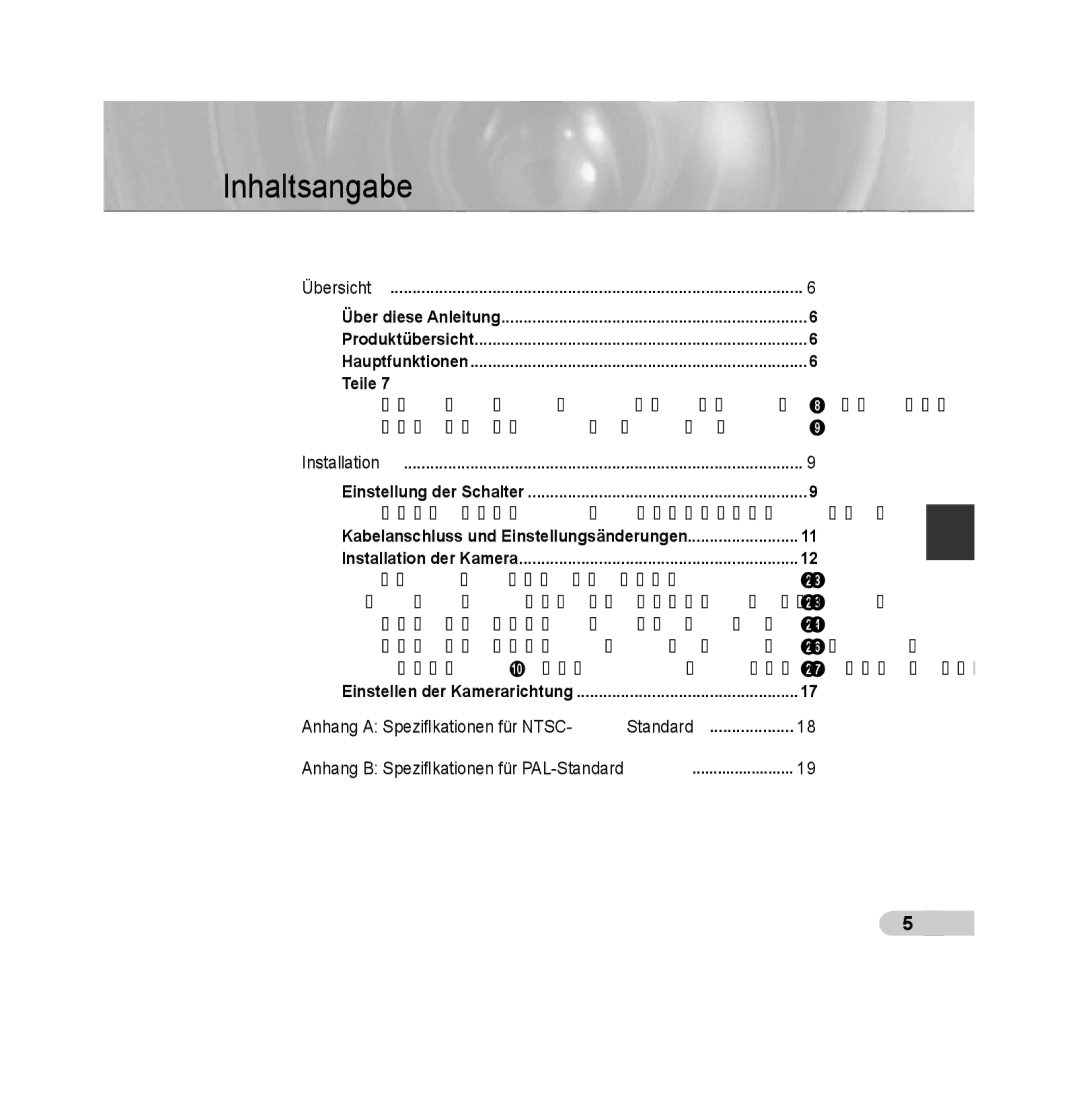 Samsung SCC-B5392P manual Inhaltsangabe, Übersicht Über diese Anleitung Produktübersicht, Teile, Installation der Kamera 