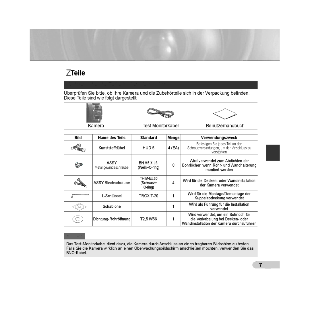 Samsung SCC-B5392P, SCC-B5393P manual Prüfen Sie die Teile in der Verpackung, Bild 