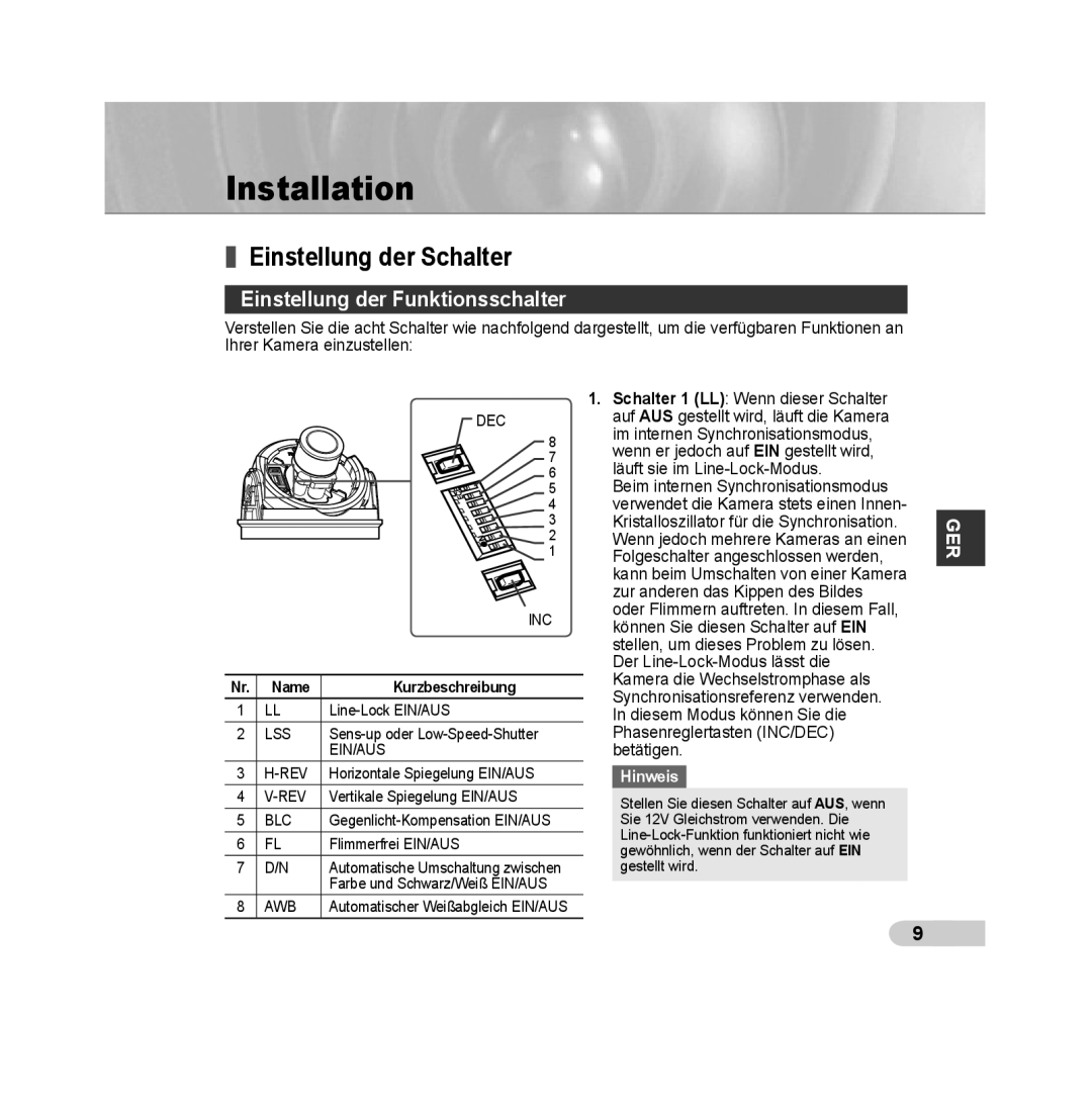 Samsung SCC-B5392P, SCC-B5393P manual Einstellung der Schalter, Einstellung der Funktionsschalter, Name Kurzbeschreibung 