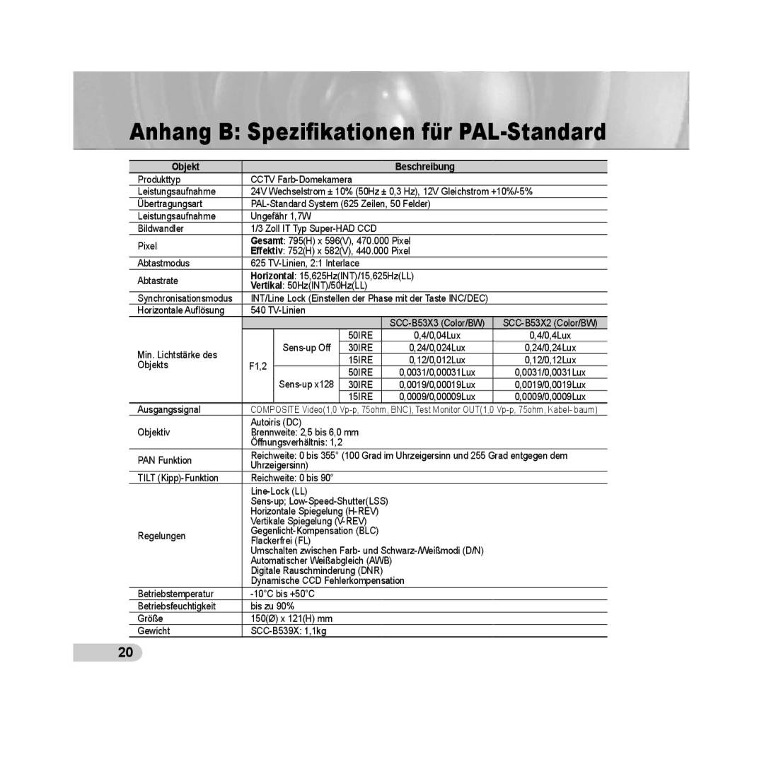 Samsung SCC-B5393P, SCC-B5392P manual Anhang B Speziﬁkationen für PAL-Standard 