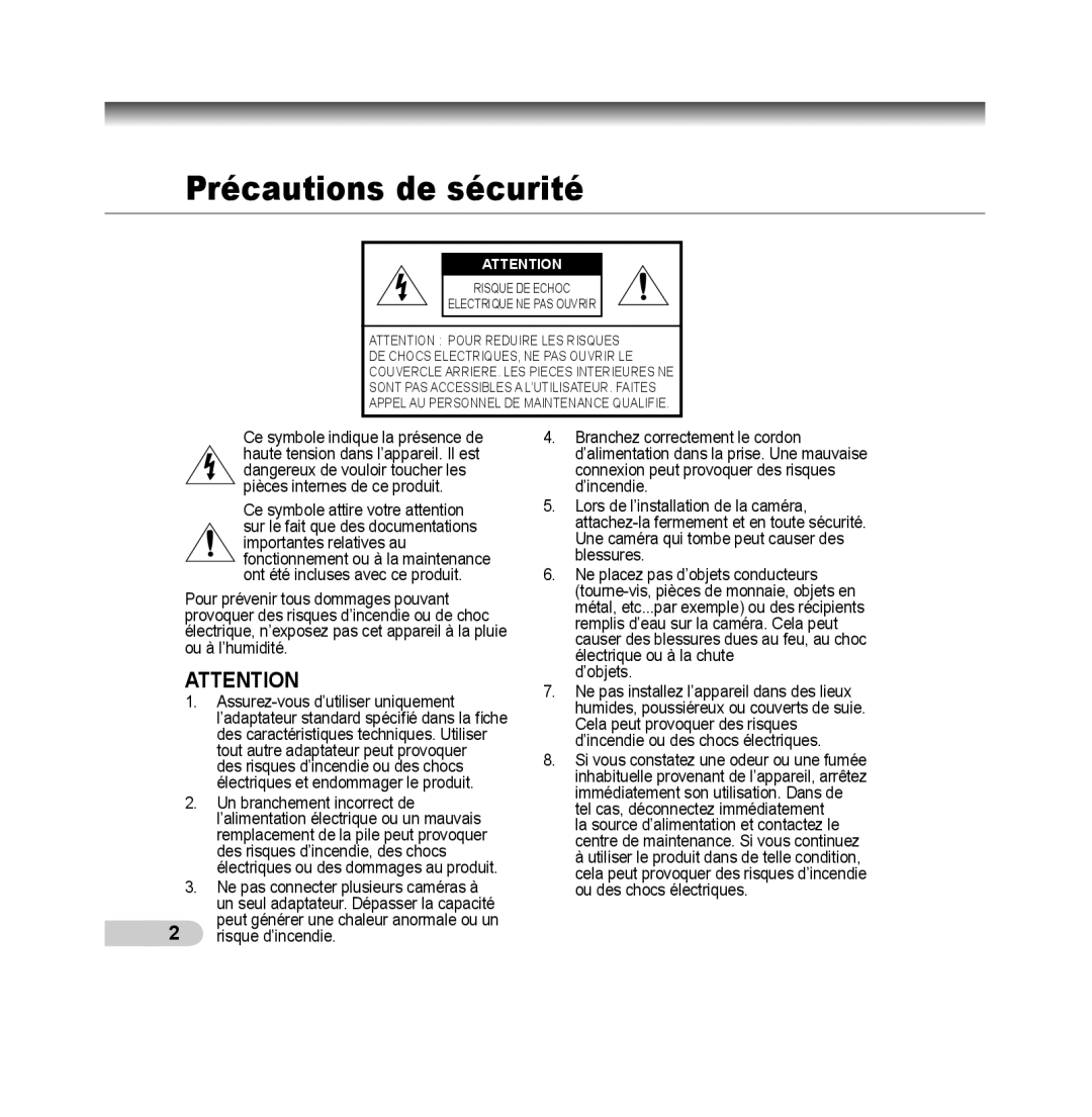 Samsung SCC-B5393P, SCC-B5392P manual Précautions de sécurité 