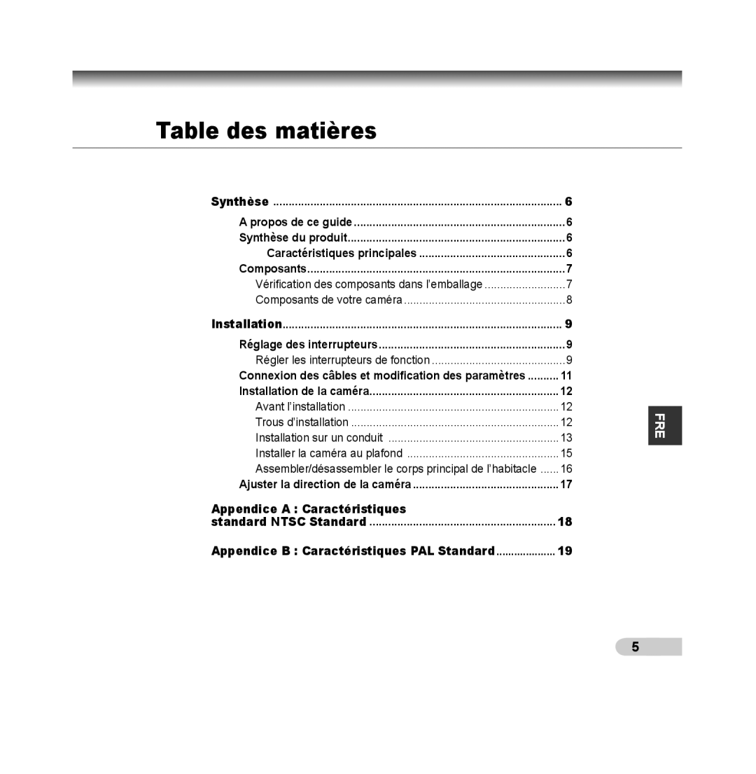 Samsung SCC-B5392P, SCC-B5393P manual Table des matières, Appendice a Caractéristiques 