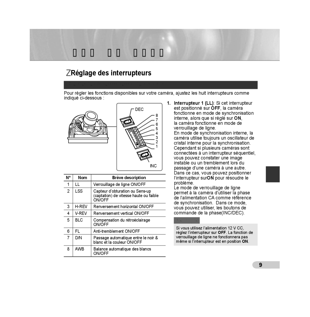 Samsung SCC-B5392P, SCC-B5393P manual Réglage des interrupteurs, Régler les interrupteurs de fonction, Nom Brève description 