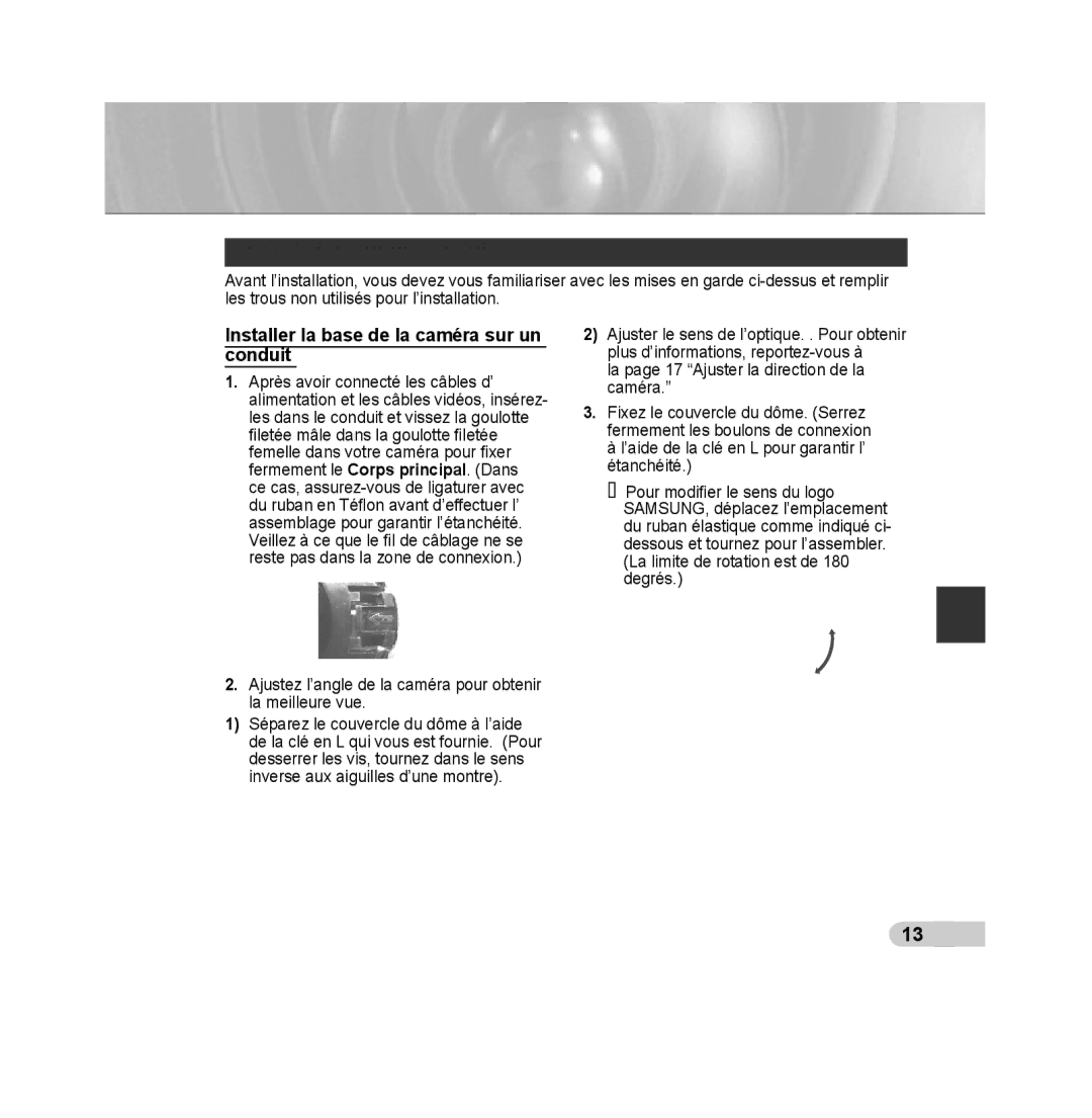 Samsung SCC-B5392P, SCC-B5393P manual Installation sur un conduit, Installer la base de la caméra sur un conduit 