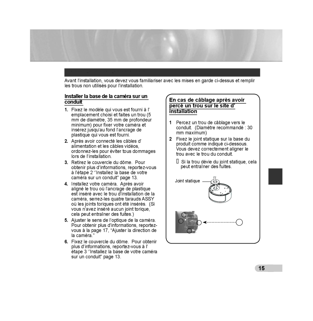 Samsung SCC-B5392P, SCC-B5393P manual Installer la caméra au plafond 